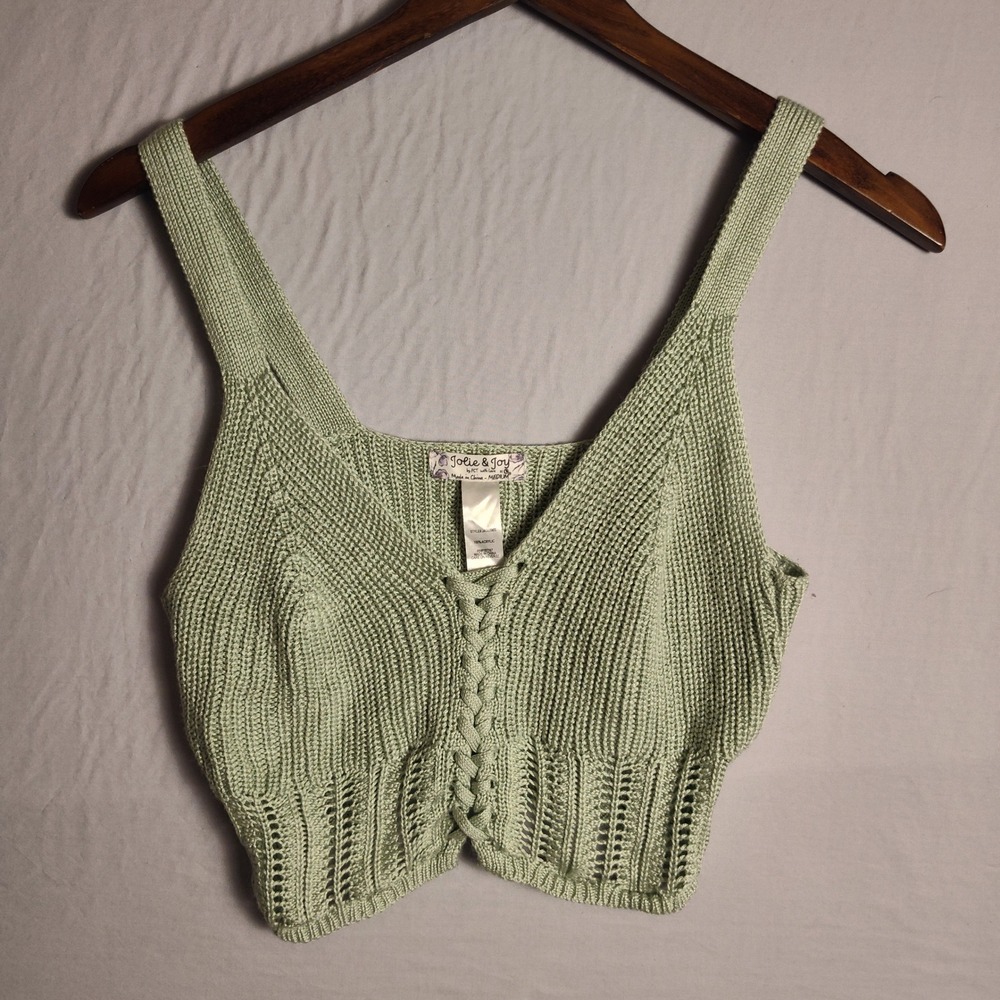 Jolie & Joy Sage Green Knit Lace Up Crop Top Tank Medium J4G0396S